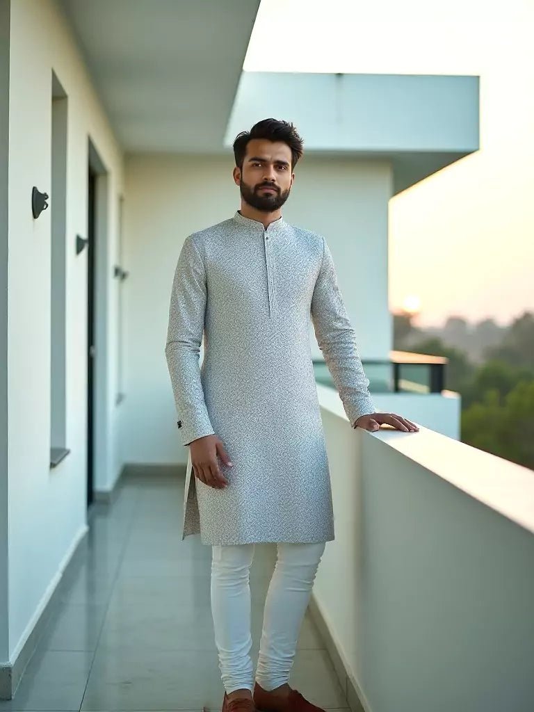 Image of Light Grey Floral Brocade Design Jacquard Kurta Pajama - South India Shopping Mall