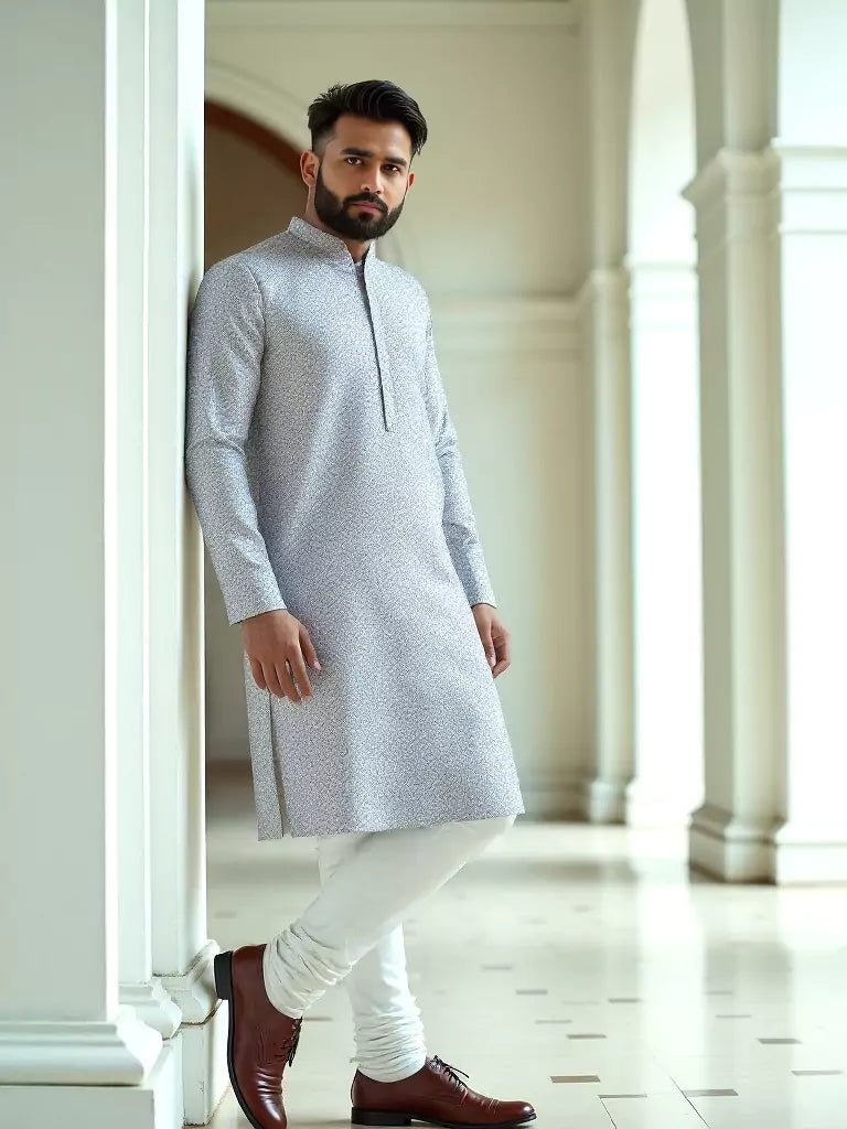 Image of Light Grey Floral Brocade Design Jacquard Kurta Pajama - South India Shopping Mall
