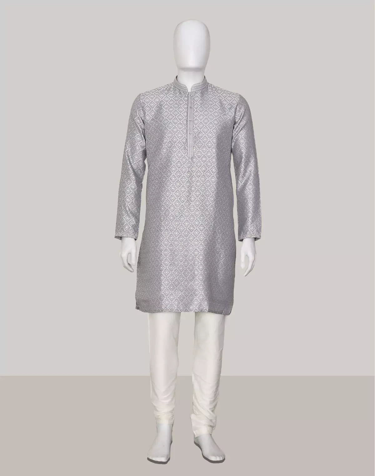 Image of Light Grey Floral Brocade Design Jacquard Kurta Pajama - South India Shopping Mall