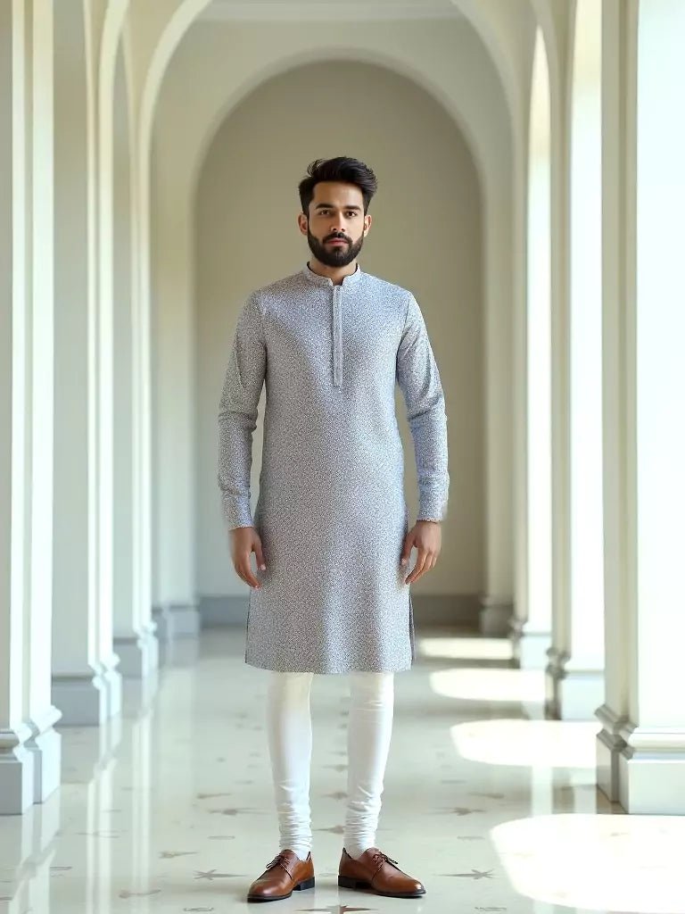 Image of Light Grey Floral Brocade Design Jacquard Kurta Pajama - South India Shopping Mall