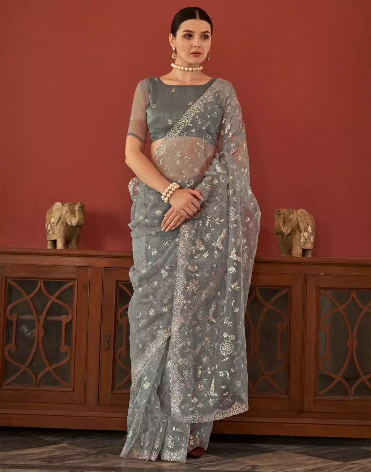 Image of Light Grey Floral Design Embroidery Work Netted Saree With Designer Blouse - South India Shopping Mall