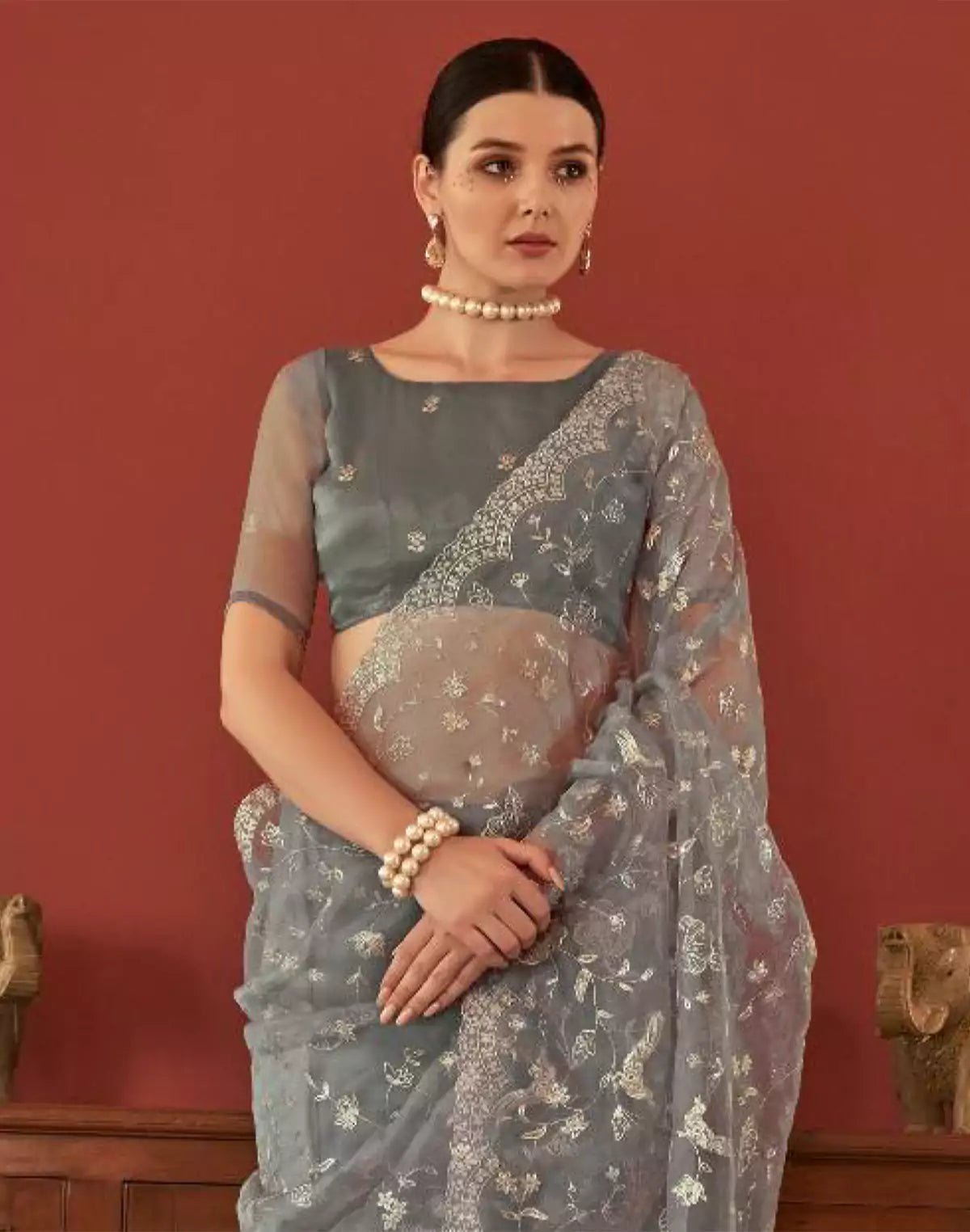 Image of Light Grey Floral Design Embroidery Work Netted Saree With Designer Blouse - South India Shopping Mall