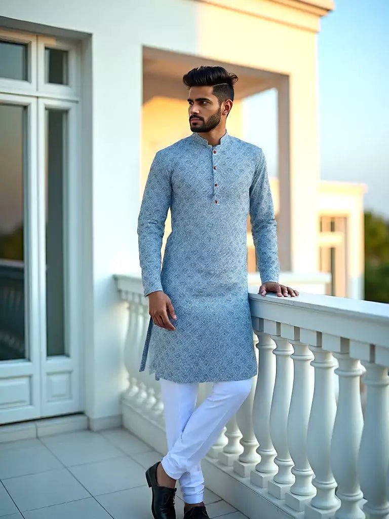 Image of Light Grey Floral Motifs Cotton Silk Printed Kurta - South India Shopping Mall