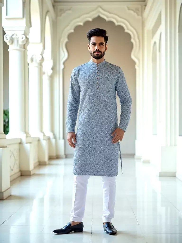 Image of Light Grey Floral Motifs Cotton Silk Printed Kurta - South India Shopping Mall