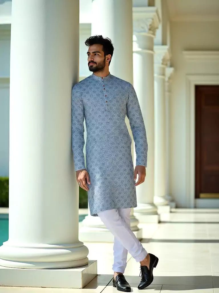 Image of Light Grey Floral Motifs Cotton Silk Printed Kurta - South India Shopping Mall