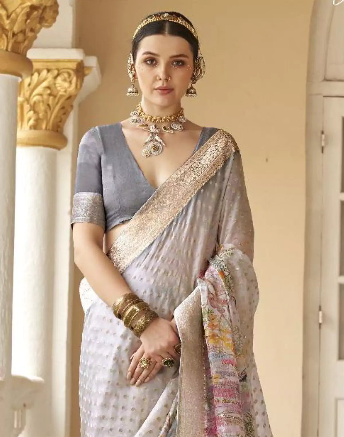 Image of Light Grey Soft Georgette Floral Party Wear Saree - South India Shopping Mall