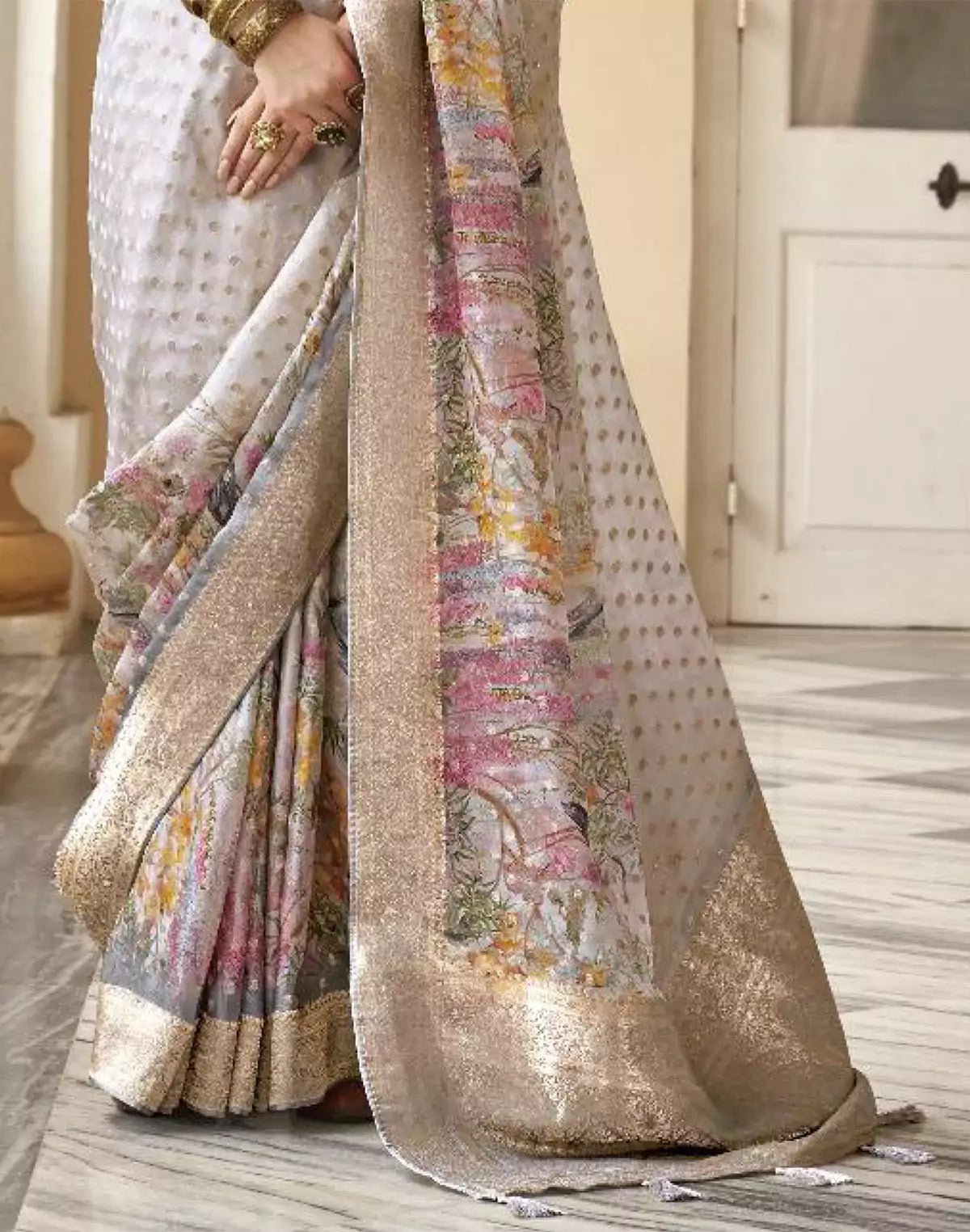 Image of Light Grey Soft Georgette Floral Party Wear Saree - South India Shopping Mall