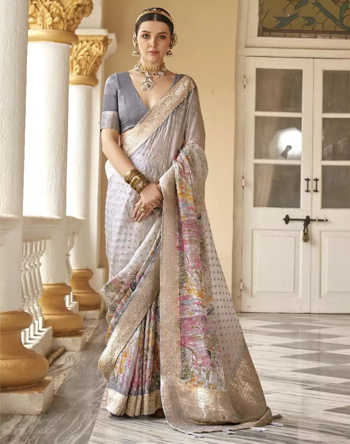 Image of Light Grey Soft Georgette Floral Party Wear Saree - South India Shopping Mall