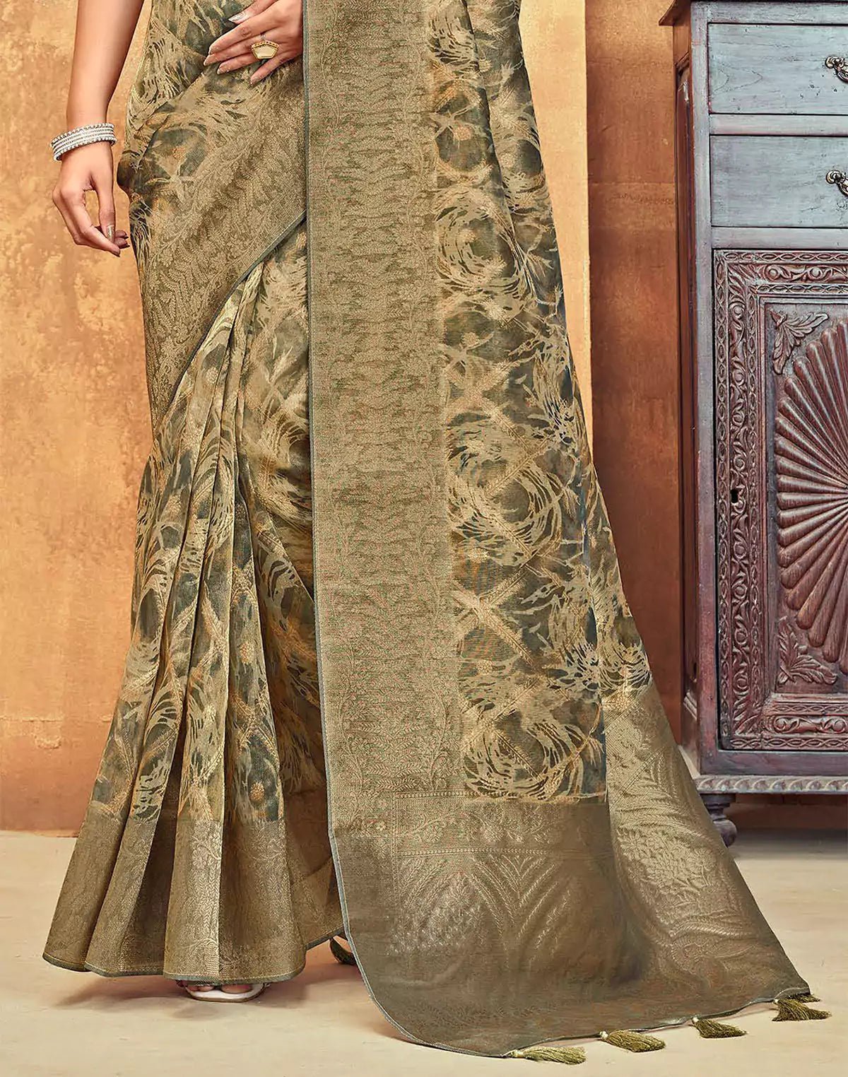 Image of Light Mehendi Green Brocade Design Organza Saree - South India Shopping Mall