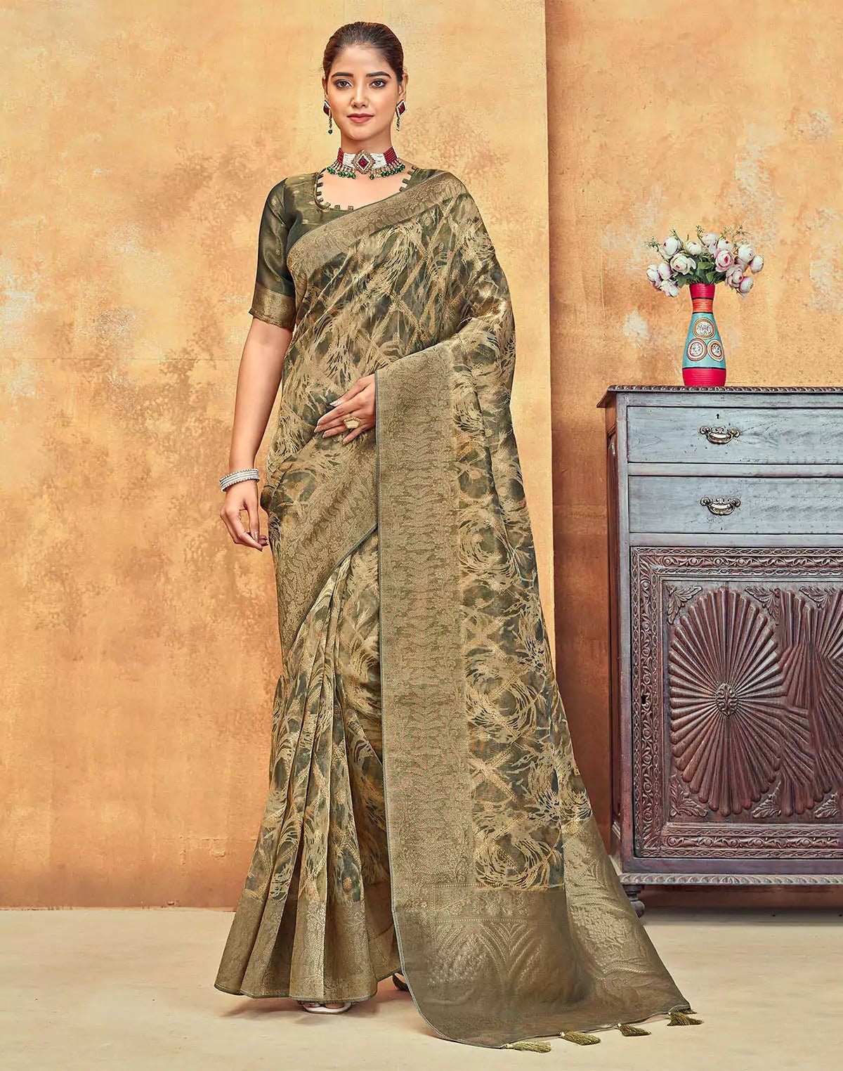 Image of Light Mehendi Green Brocade Design Organza Saree - South India Shopping Mall