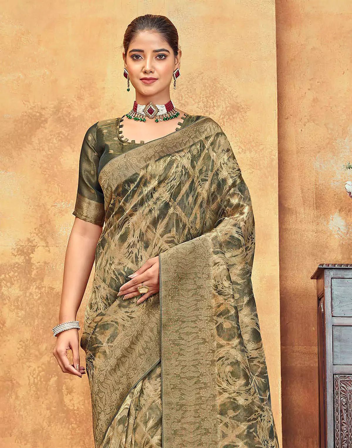 Image of Light Mehendi Green Brocade Design Organza Saree - South India Shopping Mall