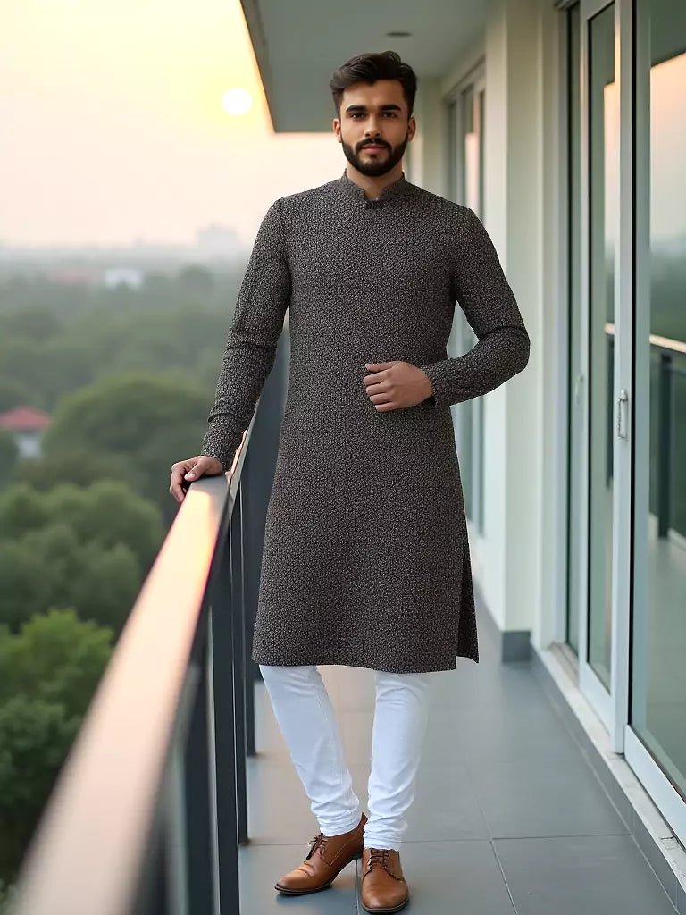 Image of Light Mehendi Green Floral Embroidery Jacquard Kurta Pyjama Set - South India Shopping Mall