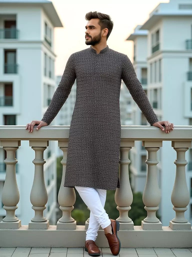 Image of Light Mehendi Green Floral Embroidery Jacquard Kurta Pyjama Set - South India Shopping Mall