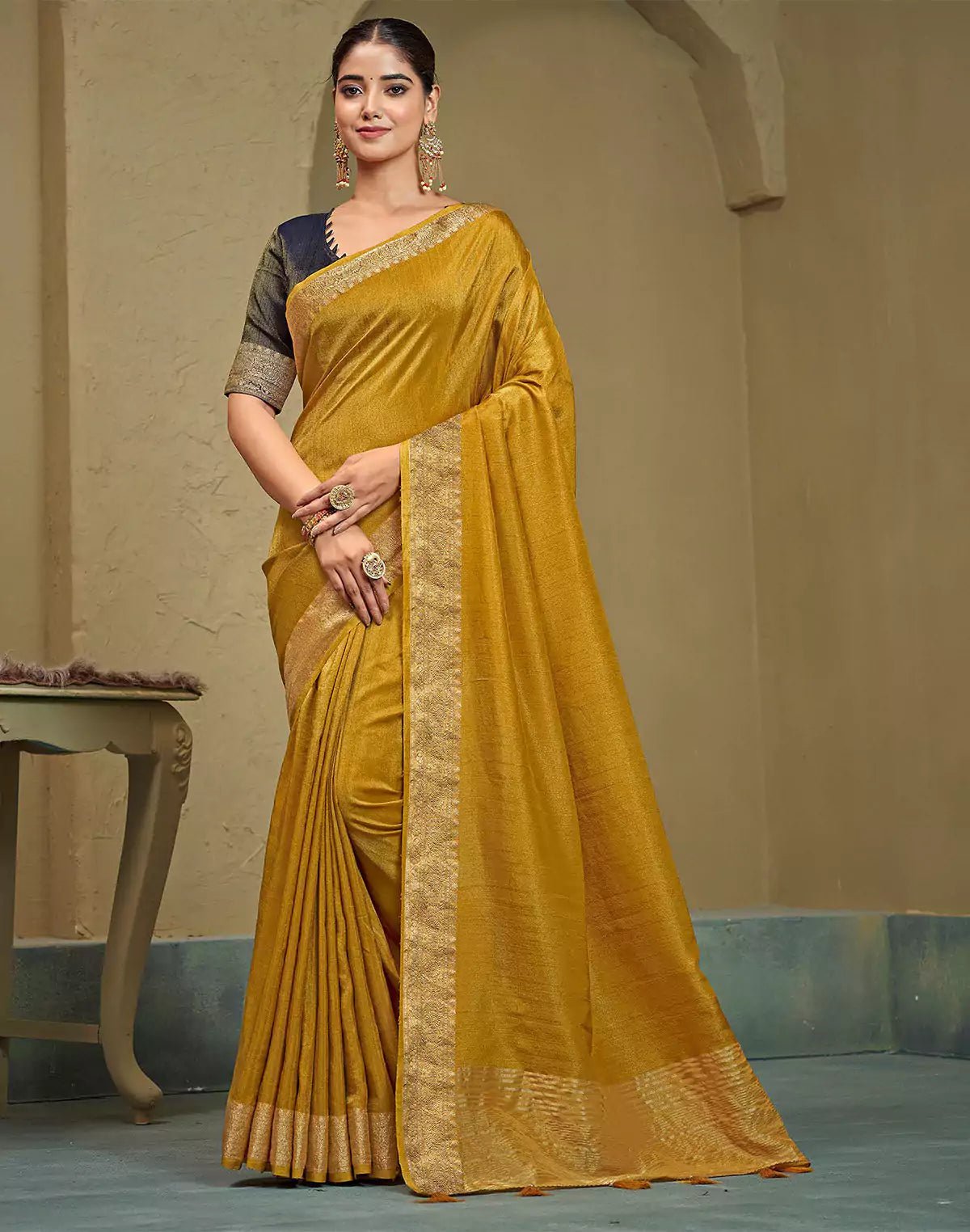 Image of Light Mustard Raw Silk Plain Saree - South India Shopping Mall