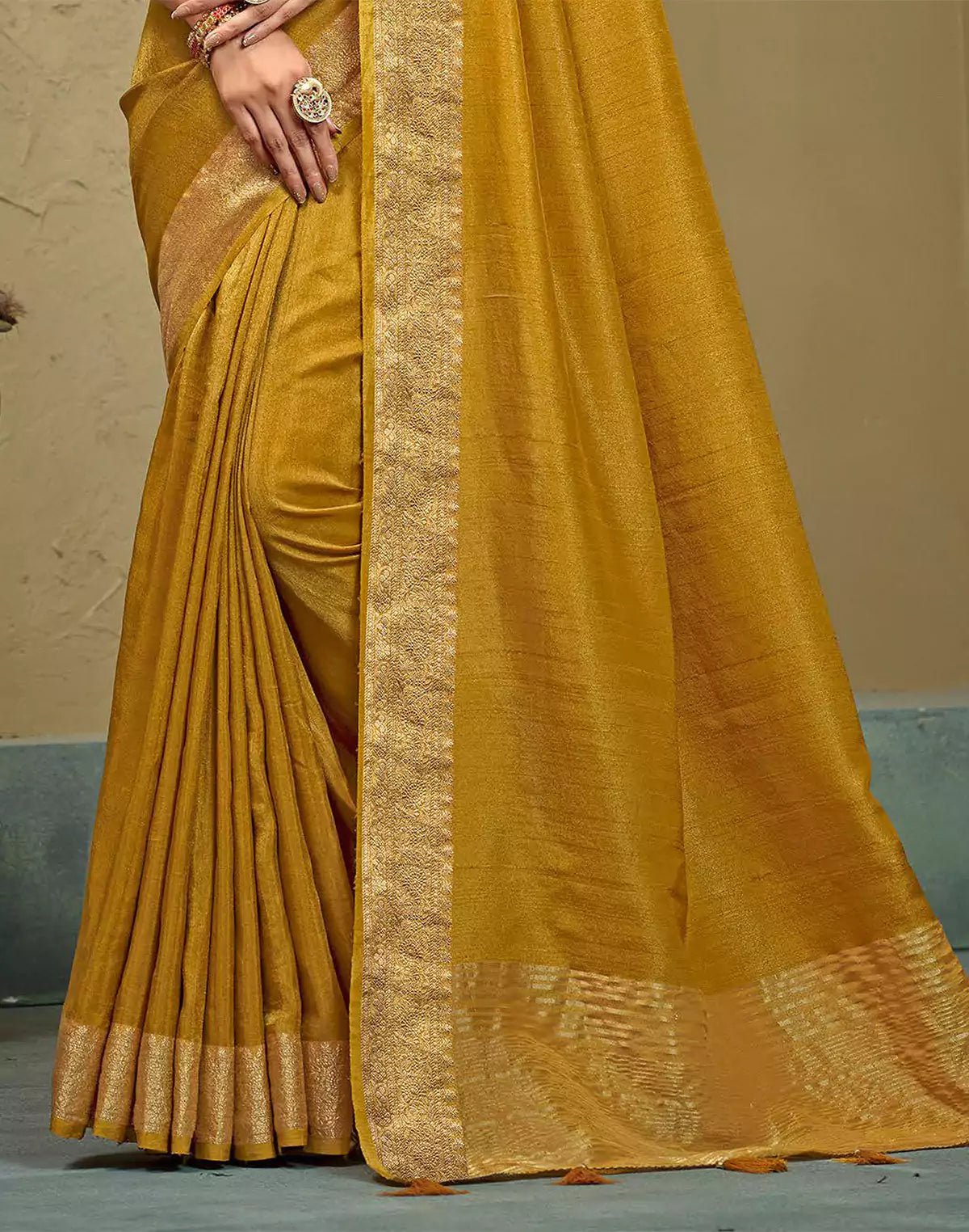 Image of Light Mustard Raw Silk Plain Saree - South India Shopping Mall