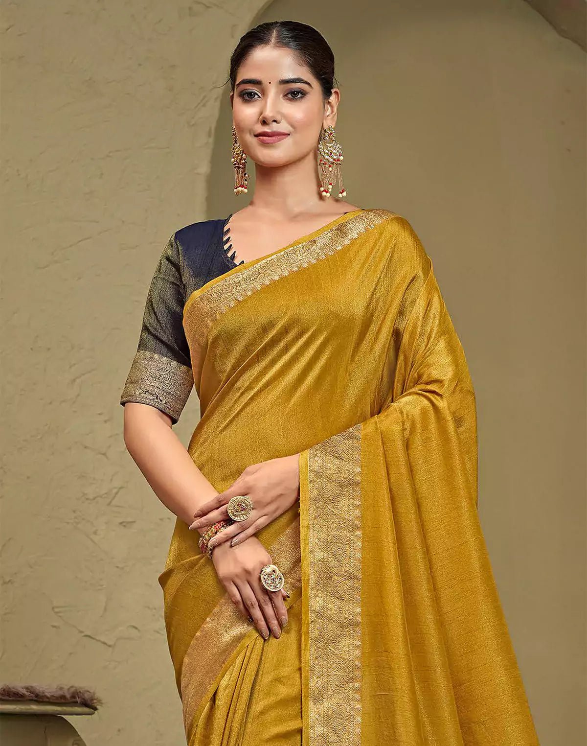 Image of Light Mustard Raw Silk Plain Saree - South India Shopping Mall