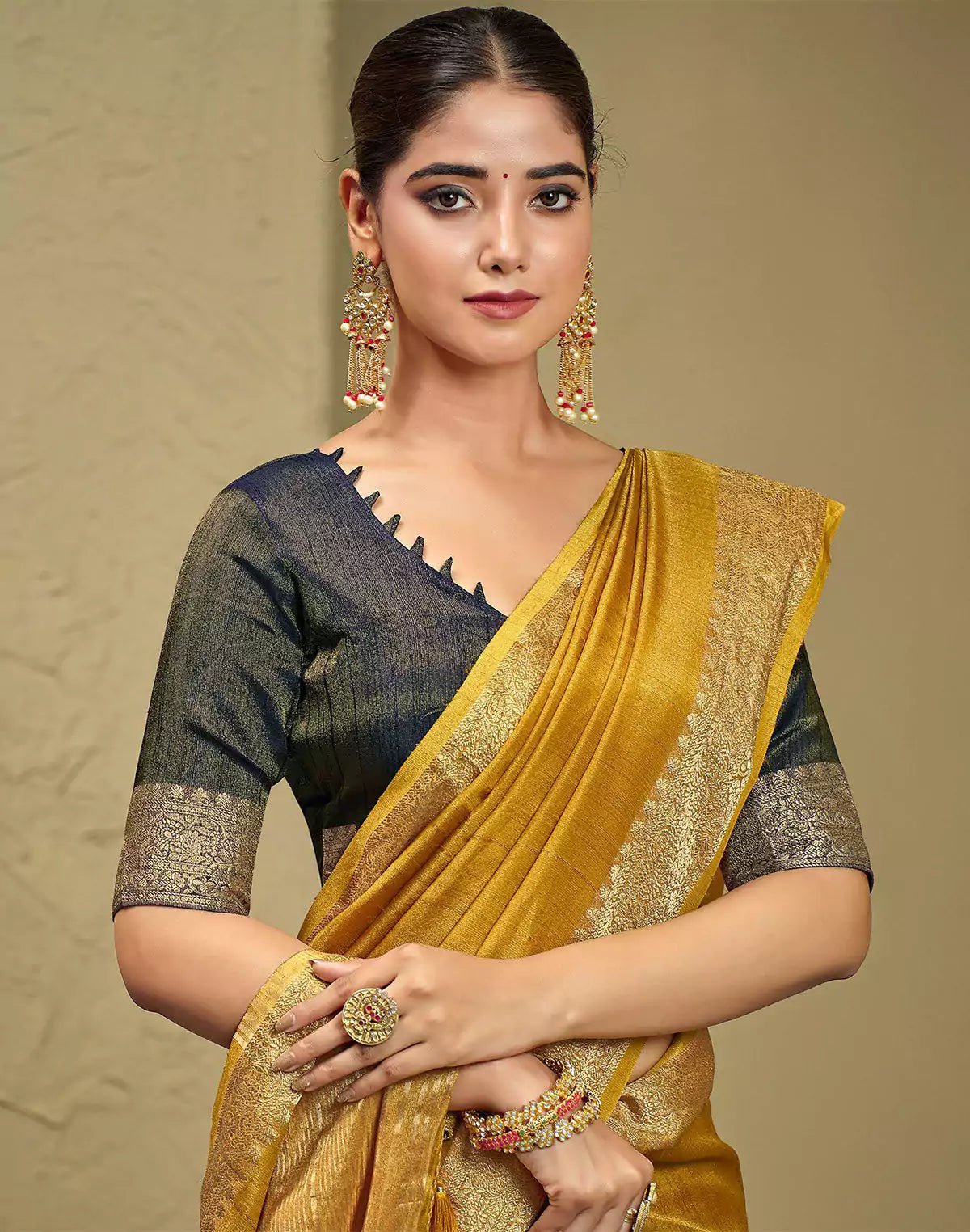 Image of Light Mustard Raw Silk Plain Saree - South India Shopping Mall