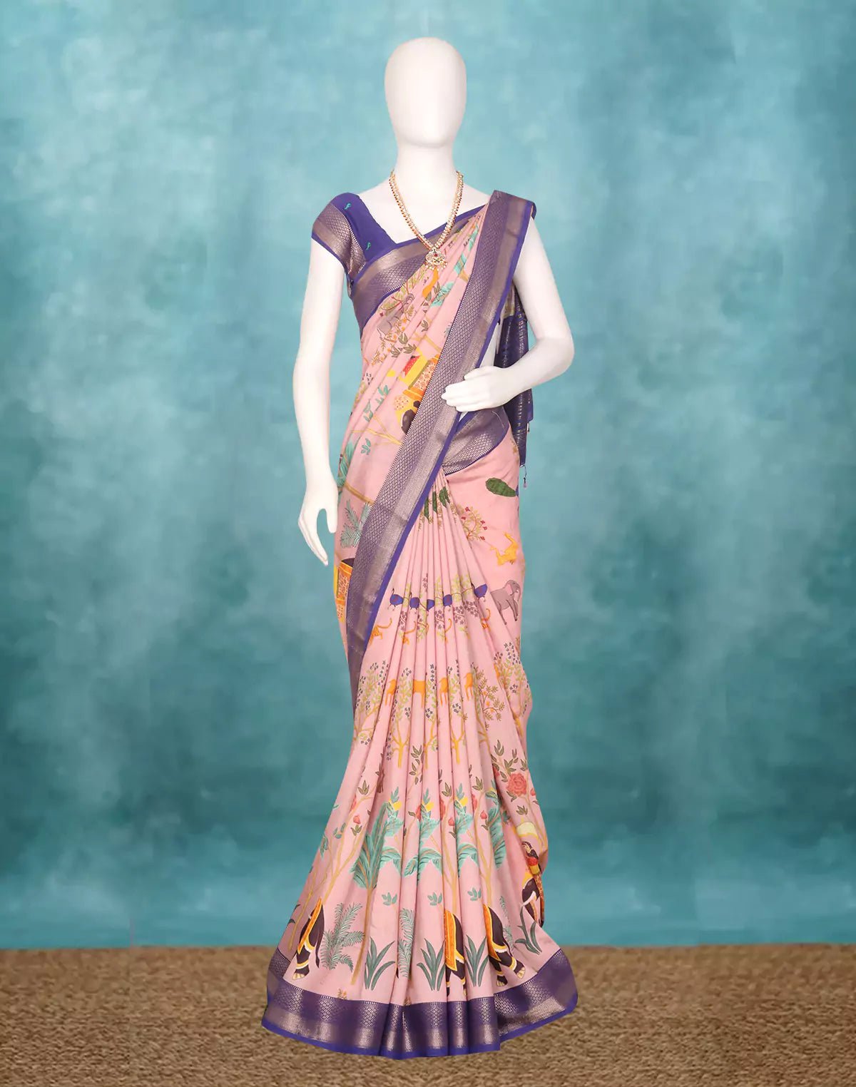 Image of Light Onion Dola Silk Birds with Animal Print Saree - South India Shopping Mall