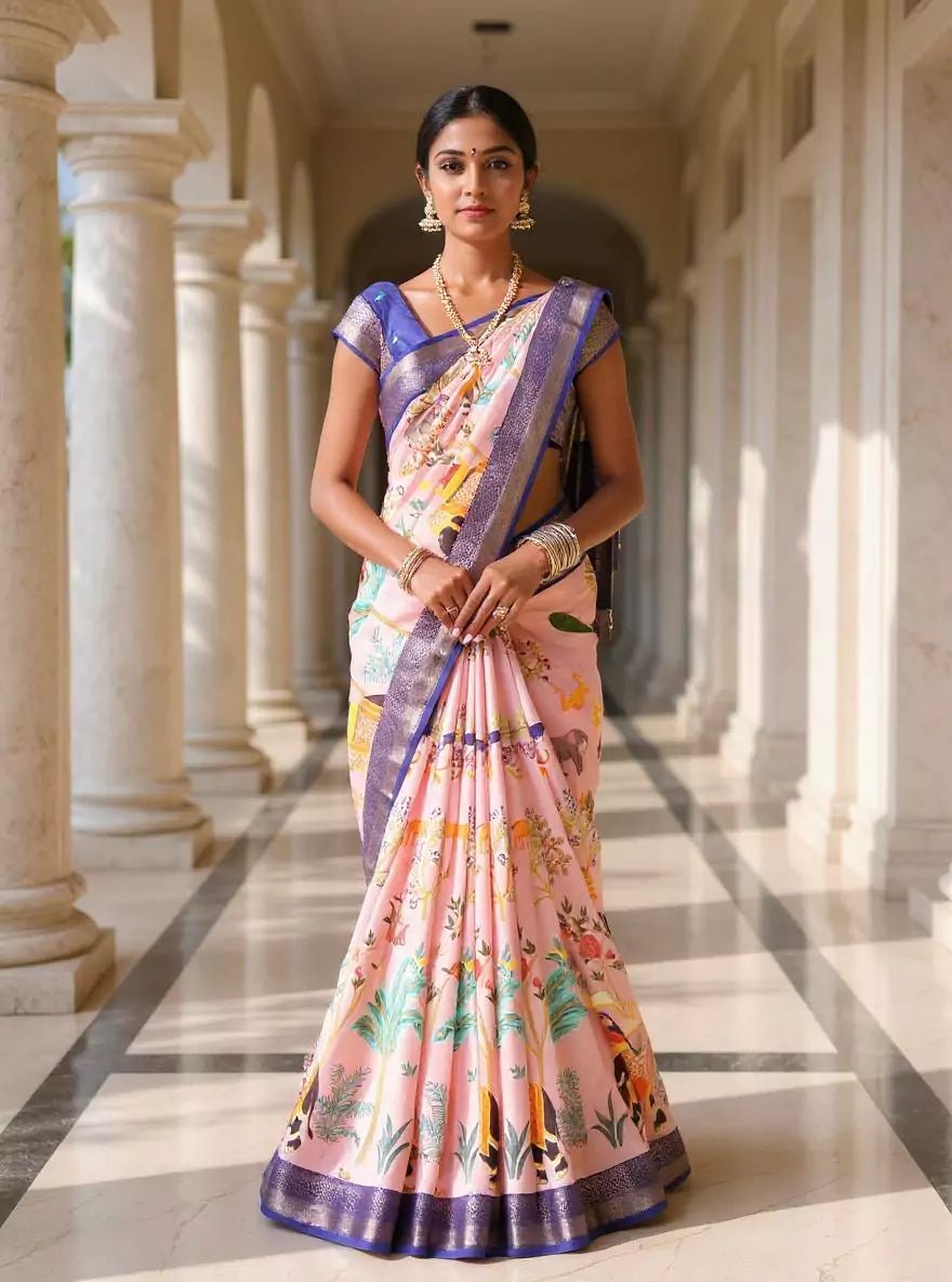 Image of Light Onion Dola Silk Birds with Animal Print Saree - South India Shopping Mall