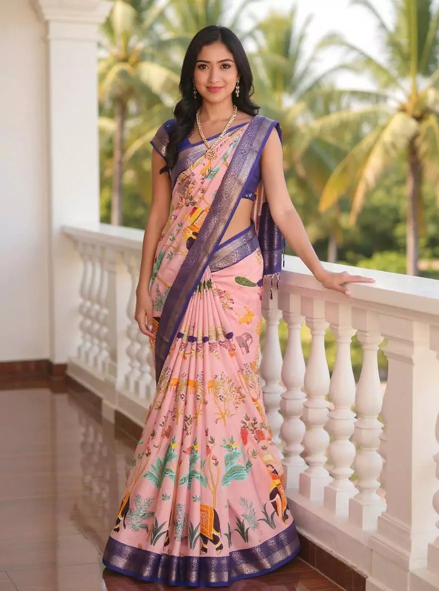 Image of Light Onion Dola Silk Birds with Animal Print Saree - South India Shopping Mall