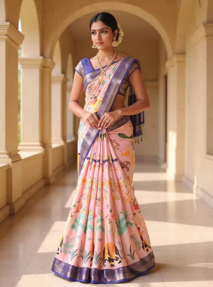 Image of Light Onion Dola Silk Birds with Animal Print Saree - South India Shopping Mall