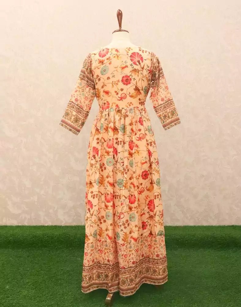 Image of Light Orange Floral Beads work Silk Kurti - South India Shopping Mall