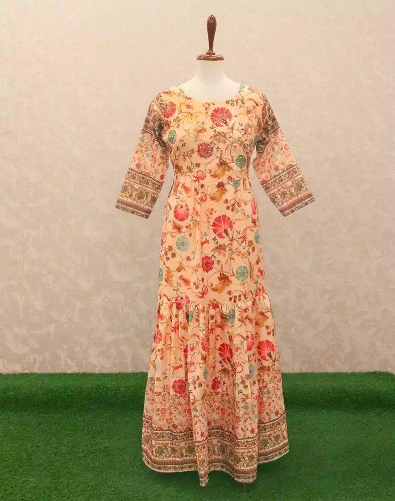 Image of Light Orange Floral Beads work Silk Kurti - South India Shopping Mall
