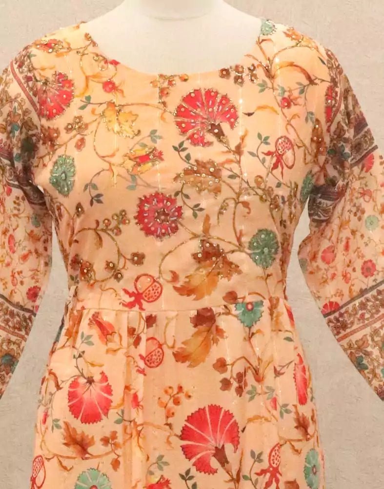 Image of Light Orange Floral Beads work Silk Kurti - South India Shopping Mall