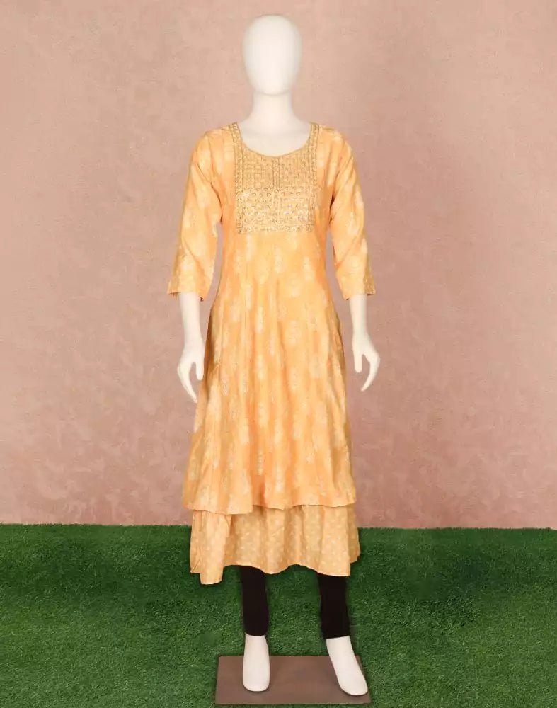 Image of Light Orange Floral Embellished work Silk Kurti - South India Shopping Mall