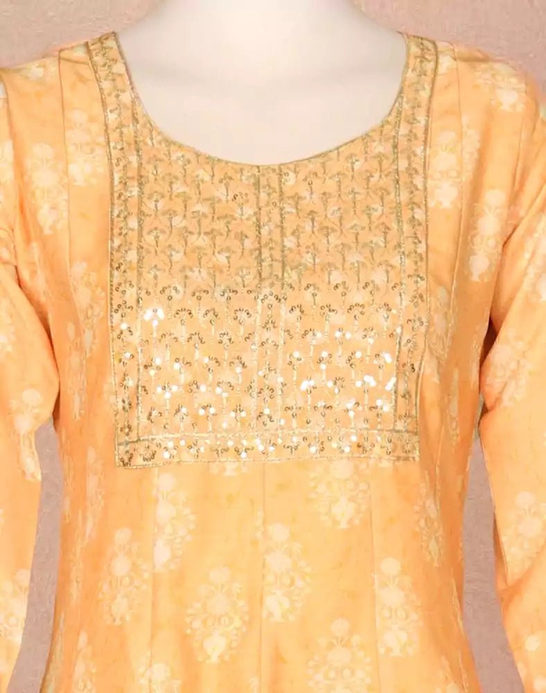 Image of Light Orange Floral Embellished work Silk Kurti - South India Shopping Mall