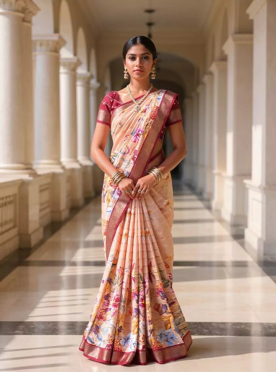 Image of Light Orange Floral Printed Mangalagiri Dola Silk Saree - South India Shopping Mall