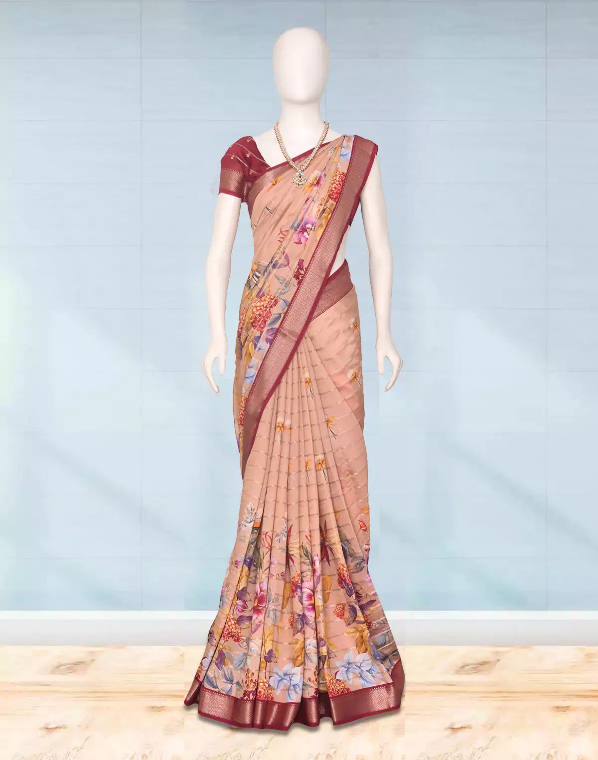 Image of Light Orange Floral Printed Mangalagiri Dola Silk Saree - South India Shopping Mall