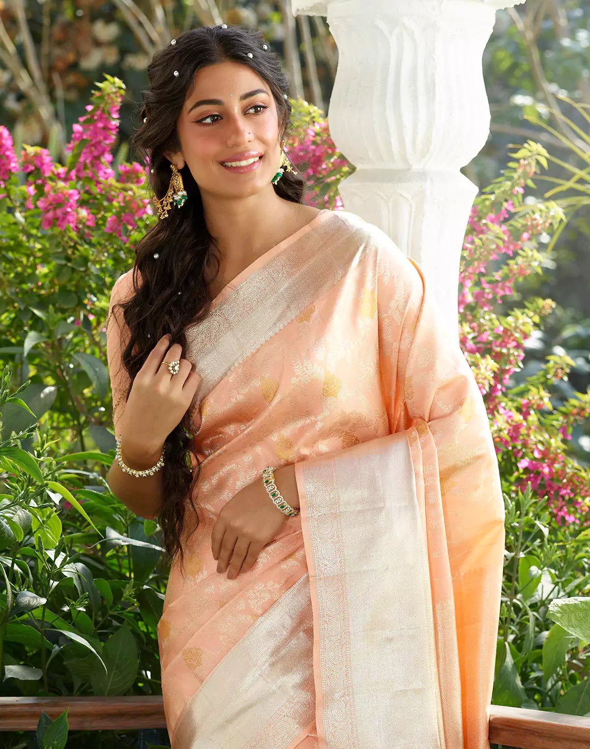 Image of Light Orange Floral Silver and Gold Motifs Pure Silk Kanjivaram Saree - South India Shopping Mall