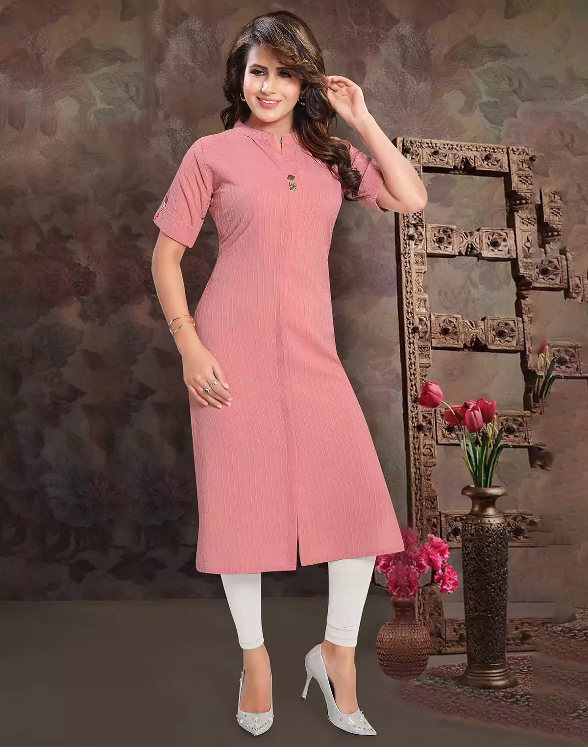 Image of Light Peach Cotton Silk Kurti - South India Shopping Mall