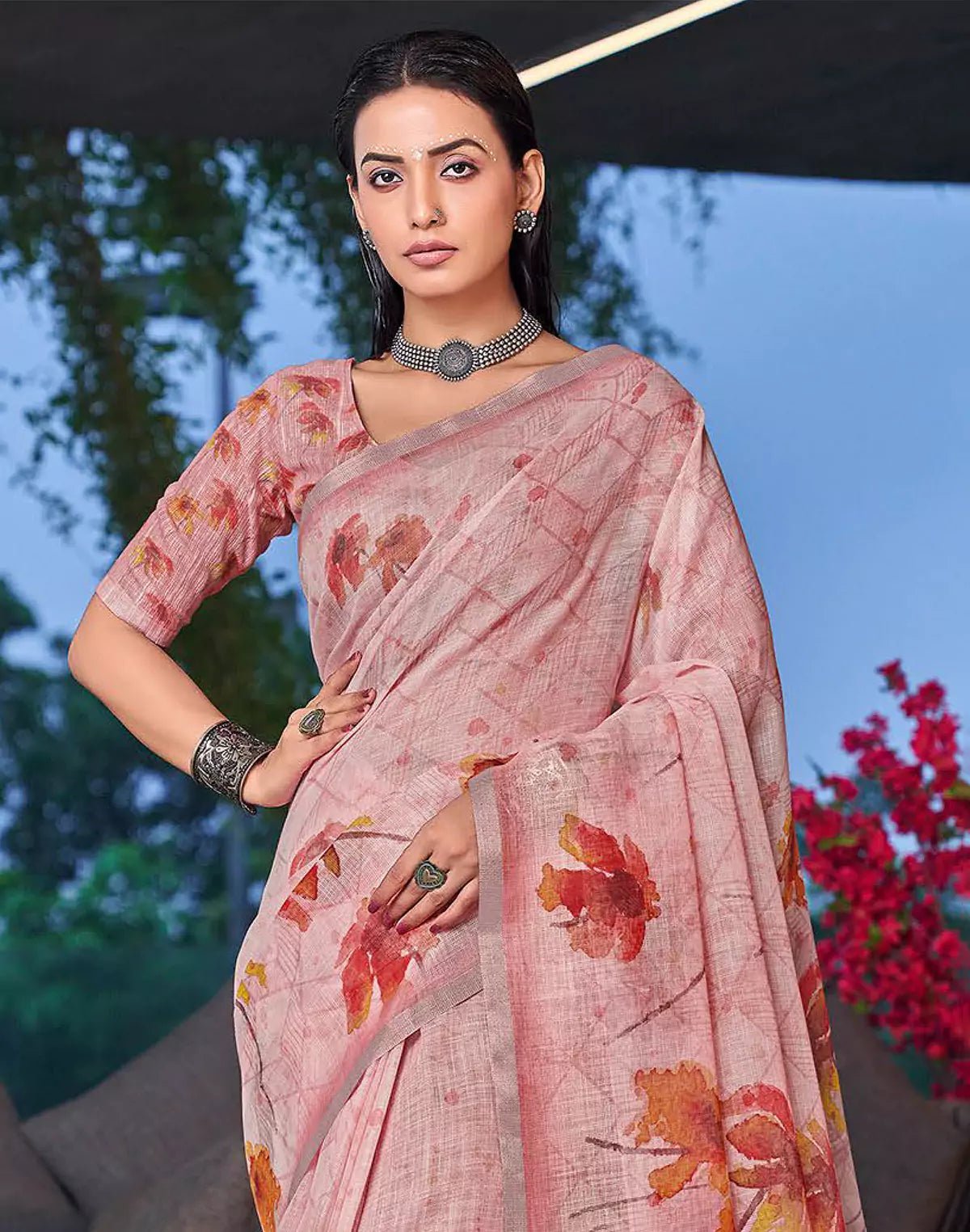 Image of Light Peach Digital Floral Printed Linen Cotton Saree with Tussels - South India Shopping Mall
