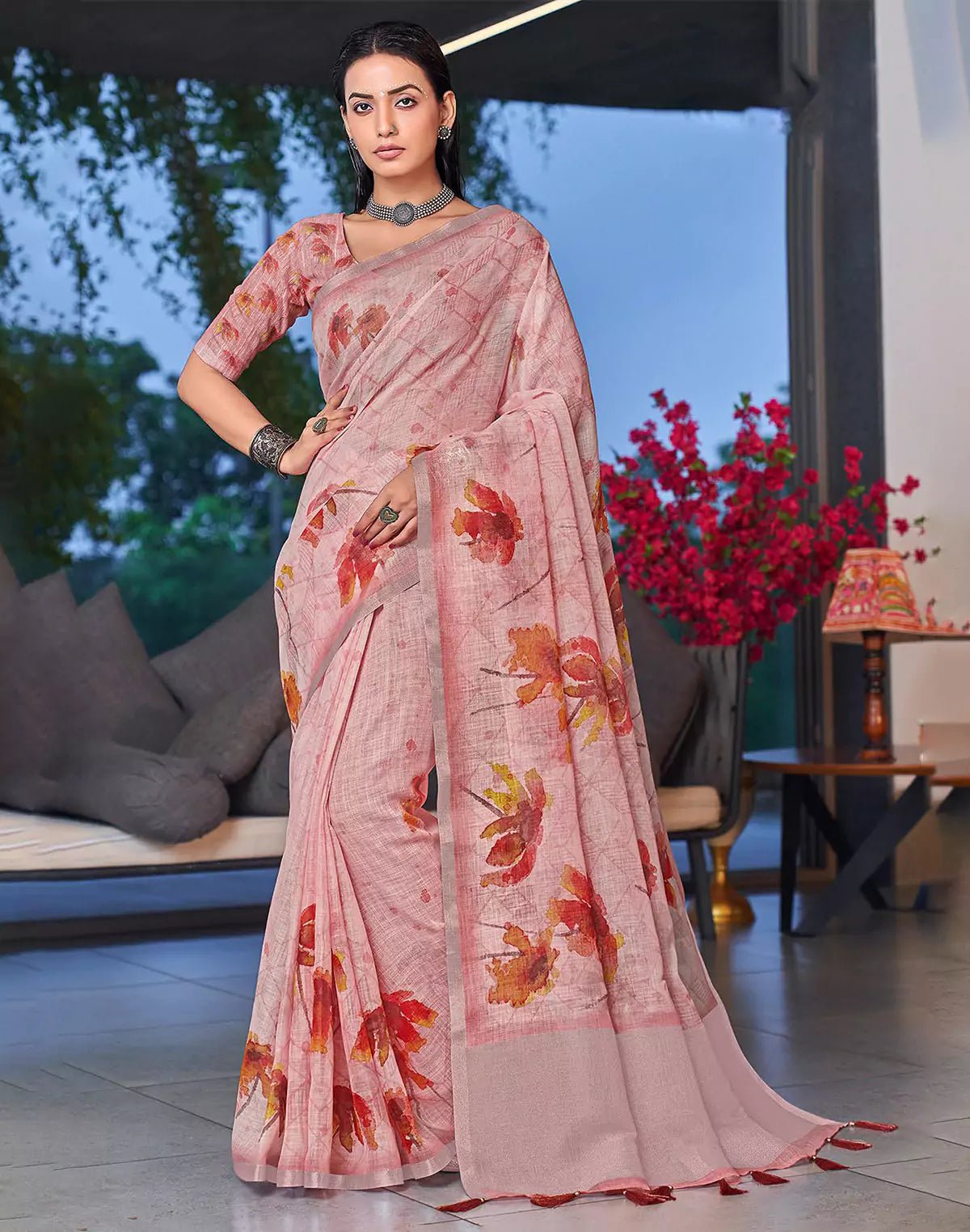Image of Light Peach Digital Floral Printed Linen Cotton Saree with Tussels - South India Shopping Mall