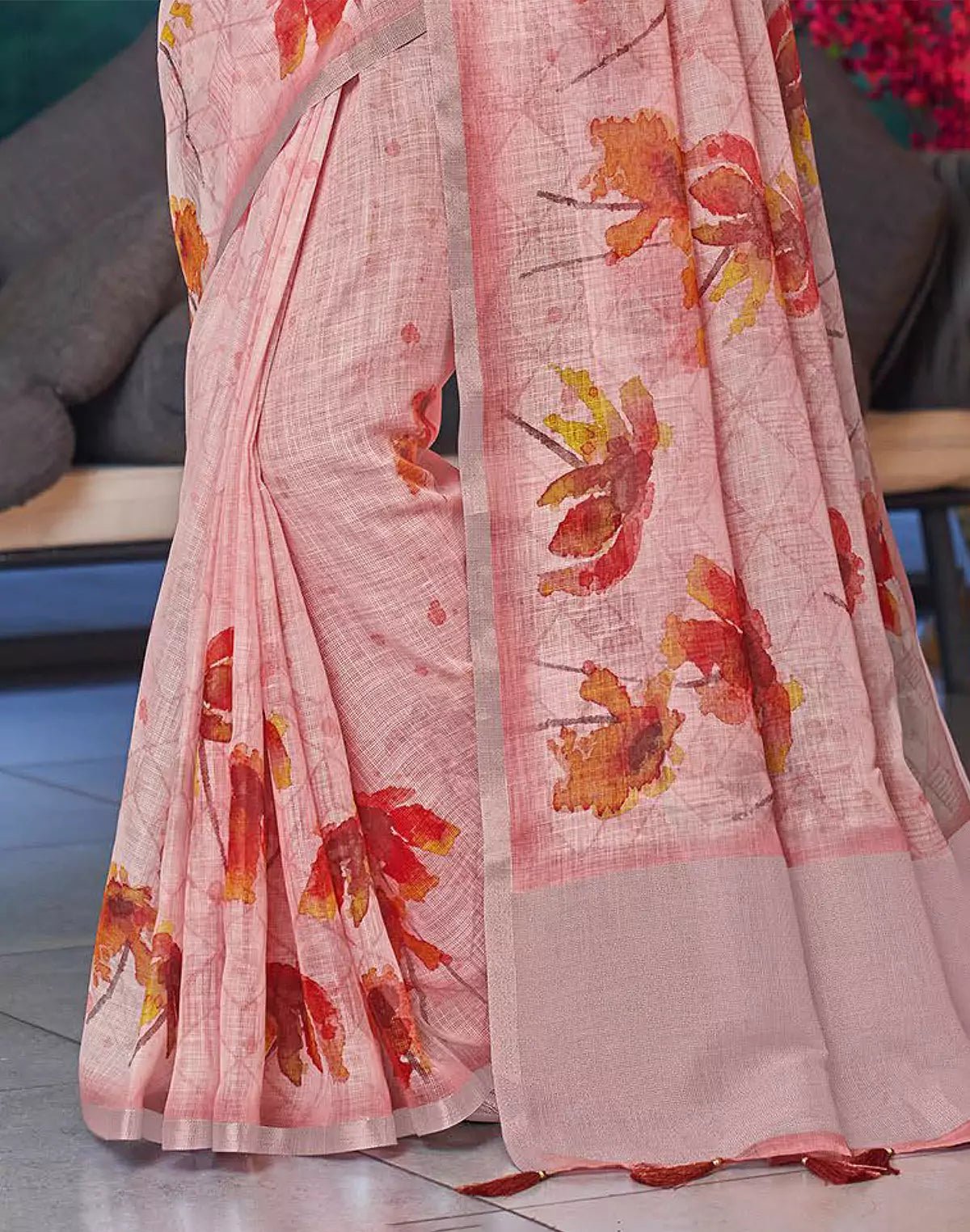 Image of Light Peach Digital Floral Printed Linen Cotton Saree with Tussels - South India Shopping Mall