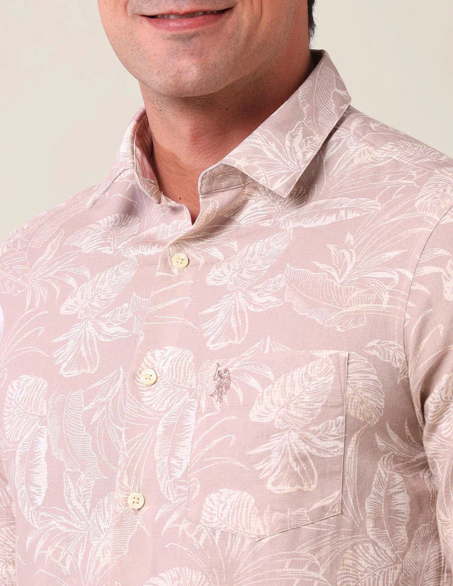 Image of Light Peach Floral Printed Linen Cotton Blend Shirt - South India Shopping Mall