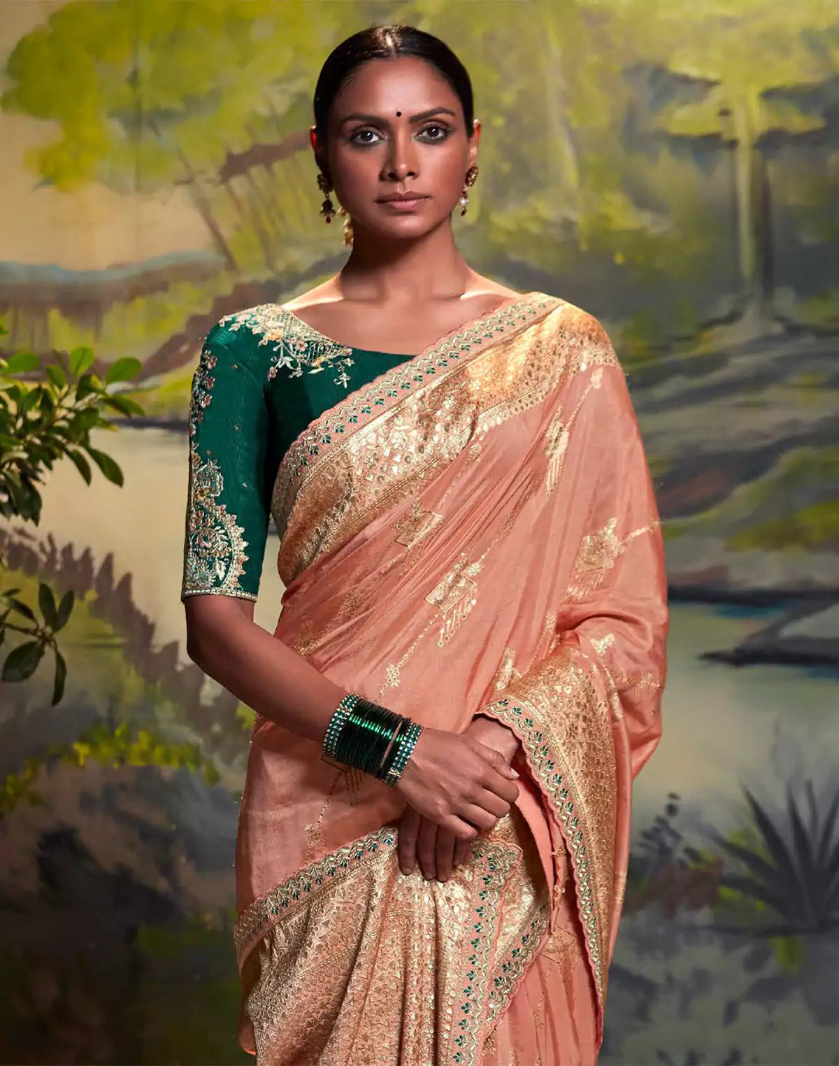 Image of Light Peach Pure Dola Silk With Fancy Lace Border and Embroidery Work Blouse - South India Shopping Mall