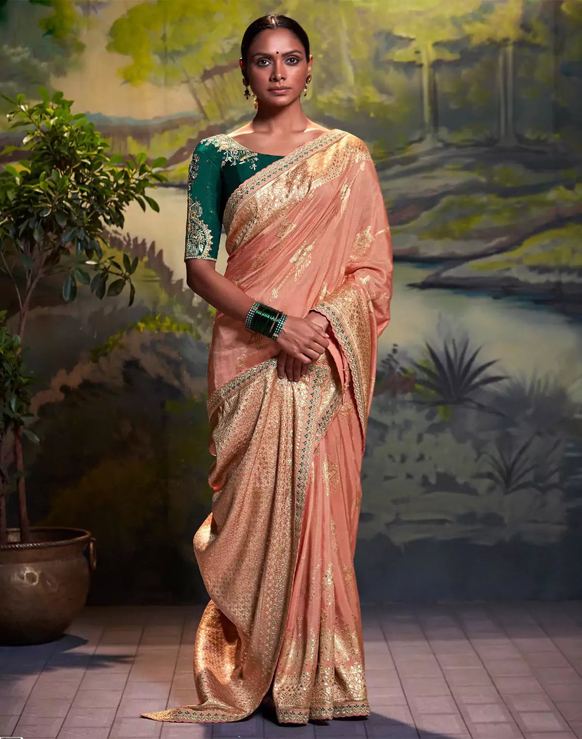 Image of Light Peach Pure Dola Silk With Fancy Lace Border and Embroidery Work Blouse - South India Shopping Mall