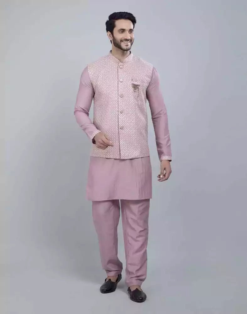 Image of Light Pink All Over Heavy Thread and Sequence Work Kurta Jacket Set - South India Shopping Mall