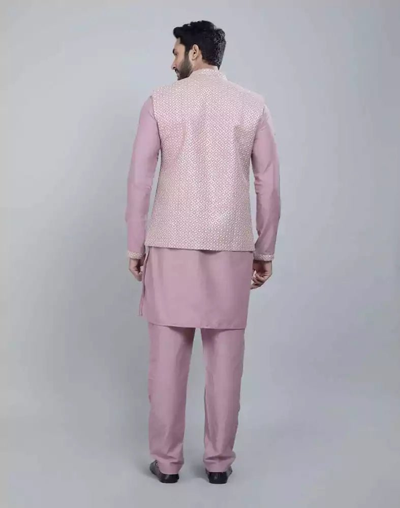 Image of Light Pink All Over Heavy Thread and Sequence Work Kurta Jacket Set - South India Shopping Mall