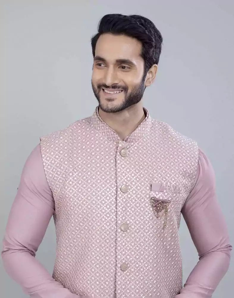 Image of Light Pink All Over Heavy Thread and Sequence Work Kurta Jacket Set - South India Shopping Mall