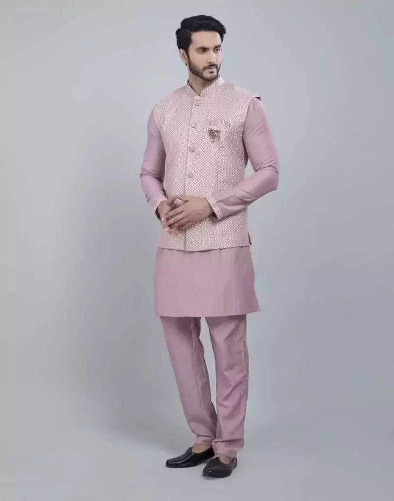 Light Pink All Over Heavy Thread and Sequence Work Kurta Jacket Set - South India Shopping Mall
