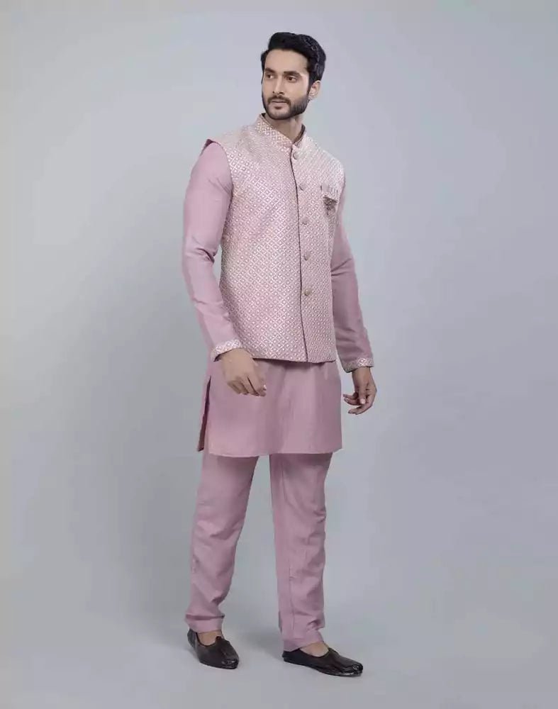 Light Pink All Over Heavy Thread and Sequence Work Kurta Jacket Set - South India Shopping Mall