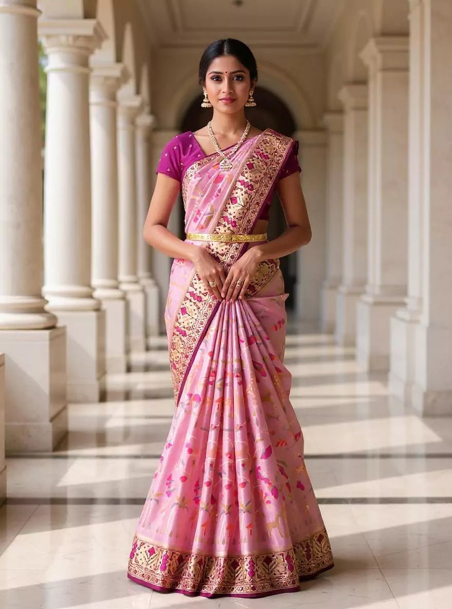 Image of Light Pink Banaras Tissue Paithani Saree with Patola Border - South India Shopping Mall