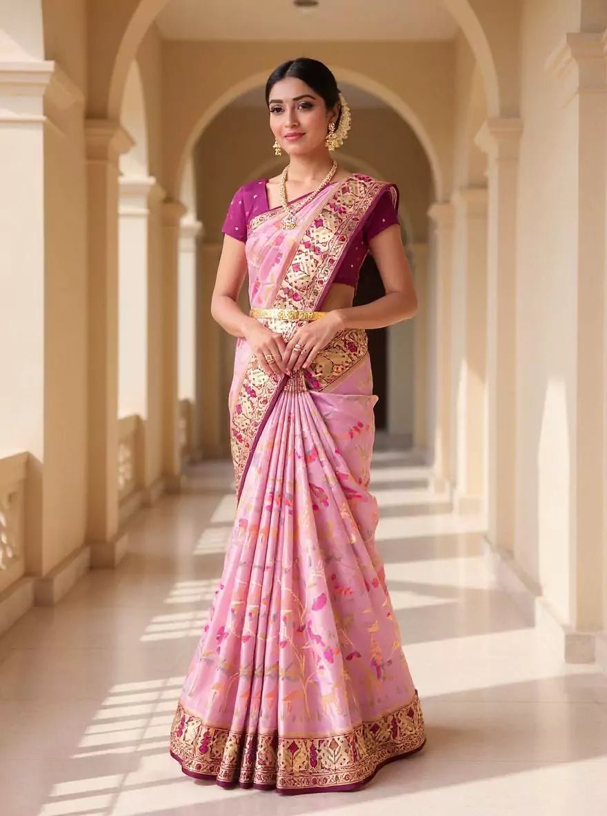 Image of Light Pink Banaras Tissue Paithani Saree with Patola Border - South India Shopping Mall