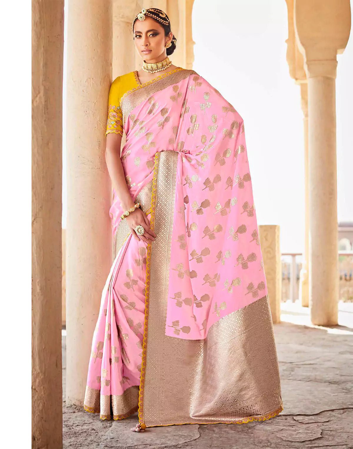 Image of Light Pink Banarasi Dola Silk Lace Border Saree With Embroidered Blouse - South India Shopping Mall