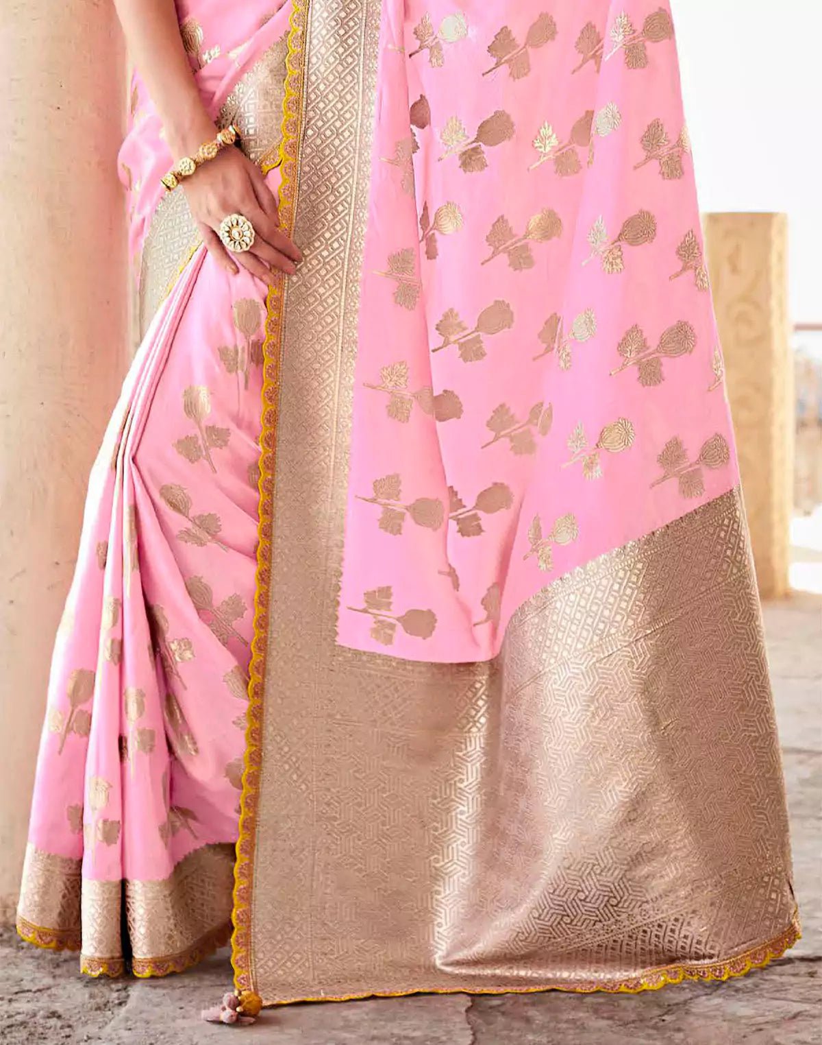 Image of Light Pink Banarasi Dola Silk Lace Border Saree With Embroidered Blouse - South India Shopping Mall