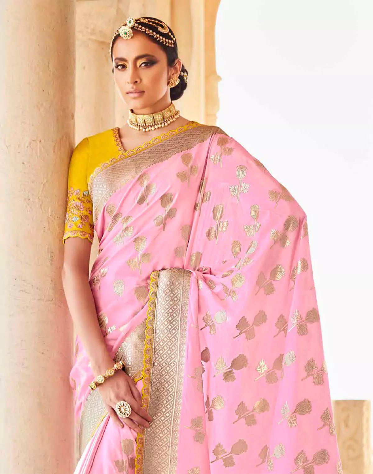 Light Pink Banarasi Dola Silk Lace Border Saree With Embroidered Blouse - South India Shopping Mall